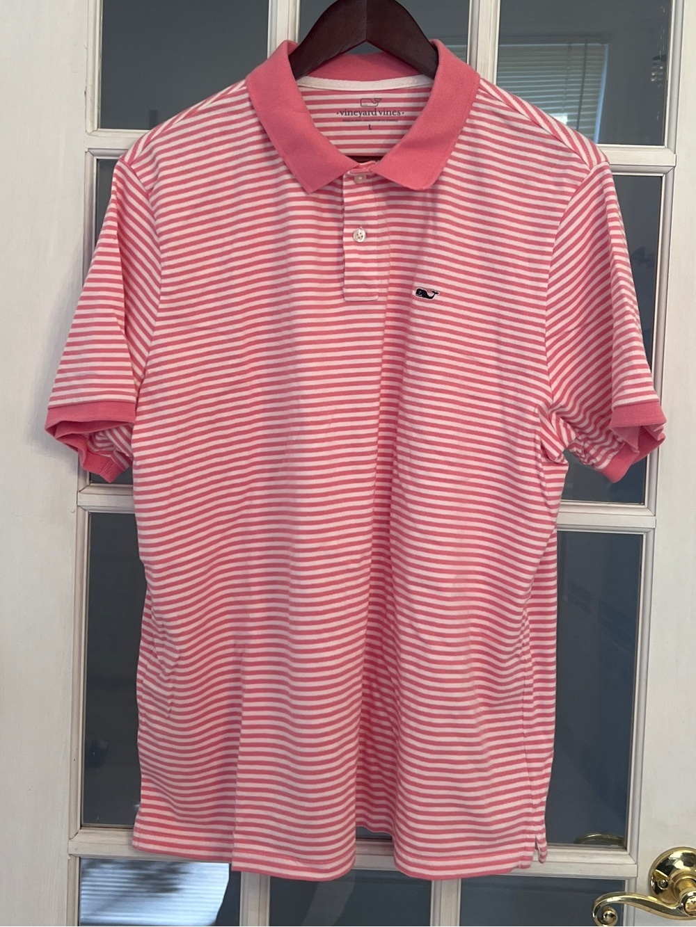 VINEYARD VINES Menâs Pink & White Striped Short Sleeve Polo Shirt Size L